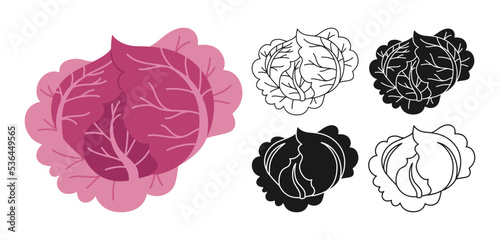 Purple cabbage cartoon linear symbol set, doodle style, engraving silhouette. Fresh violet cabbages vegetable icon healthy food design. Agricultural vegetarian nutrition kitchen, farm market vector