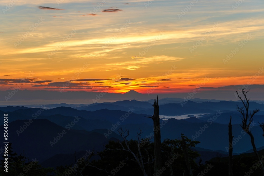 大台ヶ原山正木峠から六月に見た夜明け前の富士山の情景＠奈良