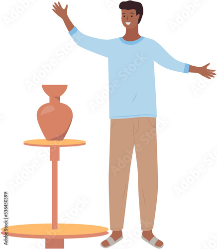 Indian man emotionally tells or sings actor declaims. Young smiling asian male character isolated on white standing at table with authentic vase. Guy pointing somewhere with hand, talking to somebody