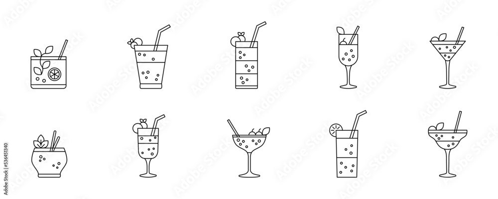 Conjunto de iconos de coctel. Bebida alcohólica fría de verano. Copa con licor. Ilustración vectorial