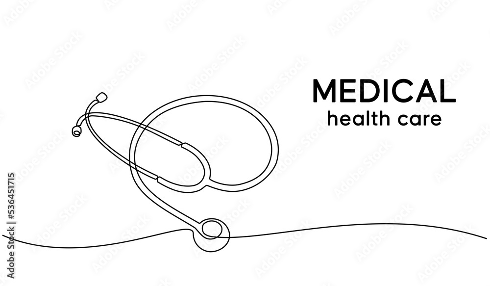 Continuous line drawing of medical health concept. Medical Stethoscope concept in doodle style. Stethoscope detecting heart isolated on transparent background.