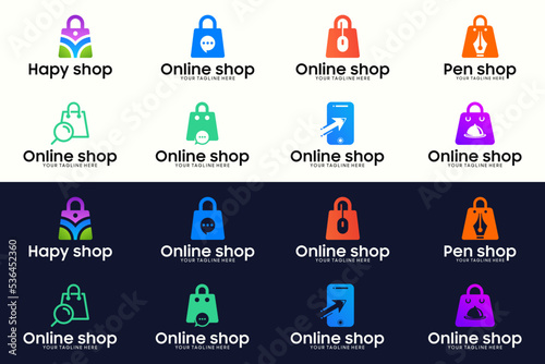 online shopping logo collection, shopping cart and graphic design shopping bag logo set
