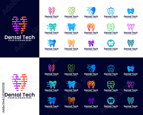 technology dental logo design collection, dental health, digital teeth