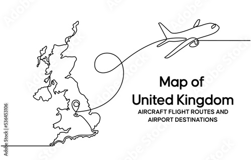 Continuous one line drawing of United kingdom domestic aircraft flight routes. United kingdom map icon and airplane path of airplane flight route with starting point location. Vector illustration