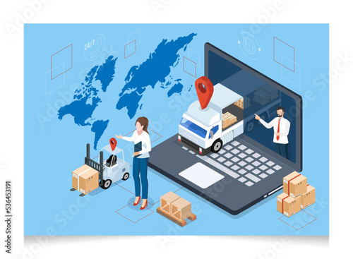 3D isometric Logistics and Delivery services concept with People transport product boxes from suppliers to buyers and Warehouse, truck, forklift. Vector illustration eps10