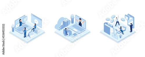 People characters having video call with teacher on laptop and studying with smartphone, Online education concept, Money transfer and payment transaction in online banking mobile app, isometric vector