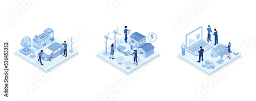 People characters talking with customer support, Character using smart grid technology to control his smart house with wind electricity generators, solar panels and electric car, Accountant managing b
