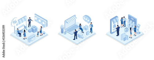 Character buying goods online on internet marketplace, Woman shopping online on laptop, Shopping and retail concept, isometric vector modern illustration