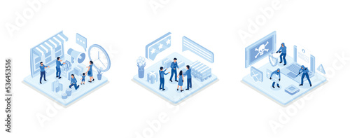 Digital Marketing and E-Commerce Concept, Courier in Uniform Delivering Package, Hackers Hacking Information from Laptop and Stealing Personal Data, Credit Card and Password, isometric vector modern i