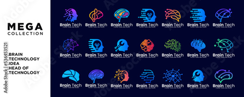 Head Tech Logo set, Pixel Head logo concept vector, brain logo, technology brain Robot Technology Logo Template design vector illustration