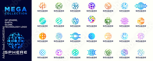 a collection of sphere inspiration logo designs, globe, technology globe, earth, technology circle