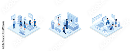 Retail Woman Cashier with Barcode Scanner Scanning Grocery at Supermarket, Man Talking with Woman Doctor in Office, Woman Preparing Financial Tax Report, isometric vector modern illustration