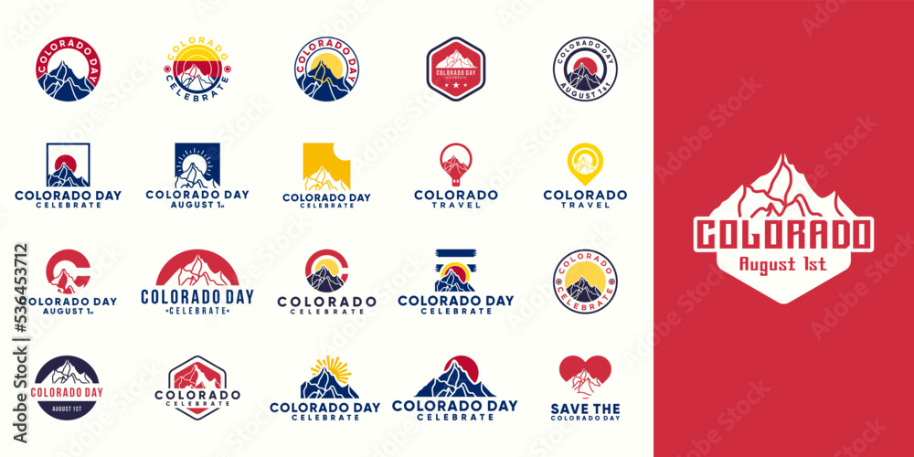 collection of mountains logo designs for colorado day commemoration, colorado memorial day, holiday, colorado travel - obrazy, fototapety, plakaty 