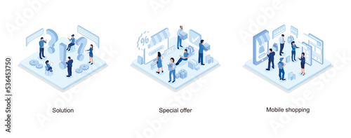 Problem and solution concept, Discount sale concept with characters, Online shopping , isometric vector modern illustration