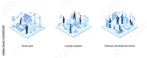 Smart grid concept design, People Characters Standing near Big Shopping Bag and Holding Discount Voucher, Development team at work concept, isometric vector modern illustration