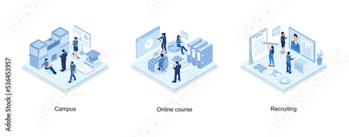 Students in university campus concept with text place, Online education concept with text place, Recruitment concept banner with character, isometric vector modern illustration