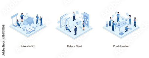 People Characters Standing near Piggy Bank, Gold Coins Stack and Banknotes Bundle, Social media referral program concept with characters, Food donation concept with character, isometric vector modern 