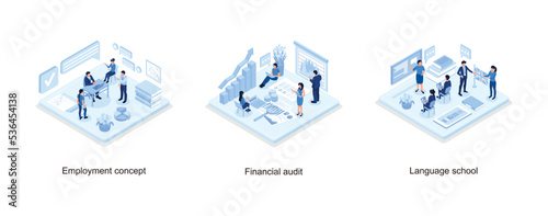 Employment concept with character, Financial audit business concept, Language school , isometric vector modern illustration