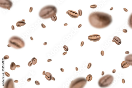 Coffee beans flying background. Black espresso grain falling on white. Rustic coffee bean fall isolated. Represent breakfast, energy, freshness or great aroma concept.