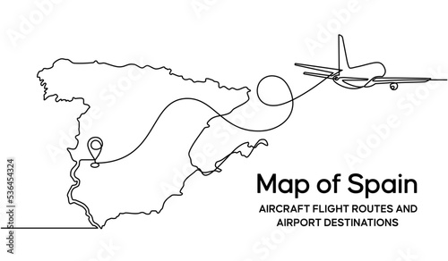 Continuous one line drawing of Spain domestic aircraft flight routes. Spain map icon and airplane path of airplane flight route with starting point location in doodle style. vector illustration