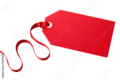 Red present gift tag with tied ribbon blank isolated transparent background photo PNG file