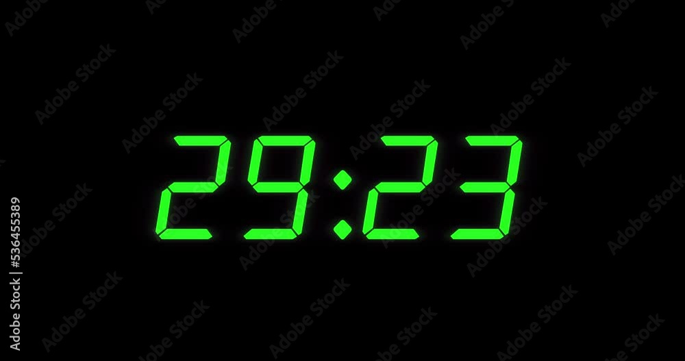 Simple 35 seconds digital alarm clock countdown timer. Green digits on black colour display. Simple 35 seconds digital alarm clock countdown timer. Green digits on black colour display.