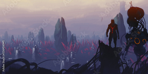 Futuristic, science fiction digital concept art. Imarginary scenery of alien landscape. 