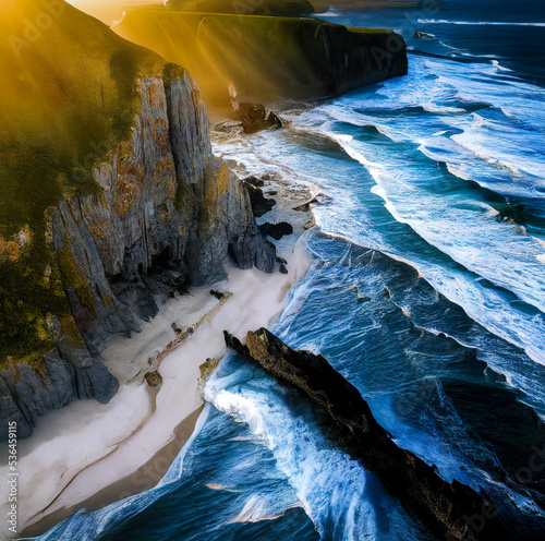 Aerial view of sea waves and fantastic Rocky coast. Summer seascape from drone. Travel - image. nature texture background.