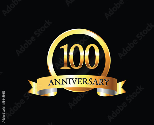 100 Year Anniversary celebration Vector Design with ring and ribbon. 100th Anniversary celebration. Gold Luxury Banner of 100th Anniversary celebration. hundredth celebration card. Vector anniversary