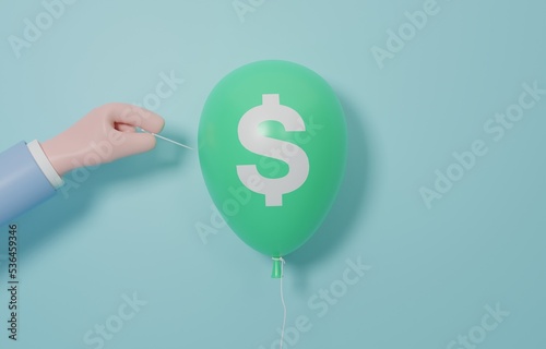 Hand trying to deflate inflation balloon with needle, monetary policy to reduce inflation, interest rate and liquidity during economic recession concept, 3d render illustration. 