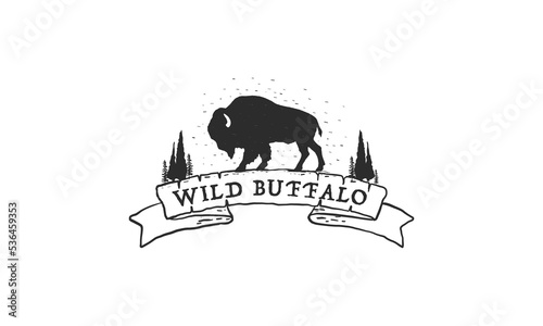 Wild Buffalo vintage Logo Design. Bison Bull Buffalo Angus Silhouette Vintage Retro Logo, Buffalo Breeders Vector Illustration.