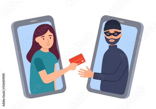 Phone scam concept vector illustration. Online dating scam on smartphone in flat design on white background.