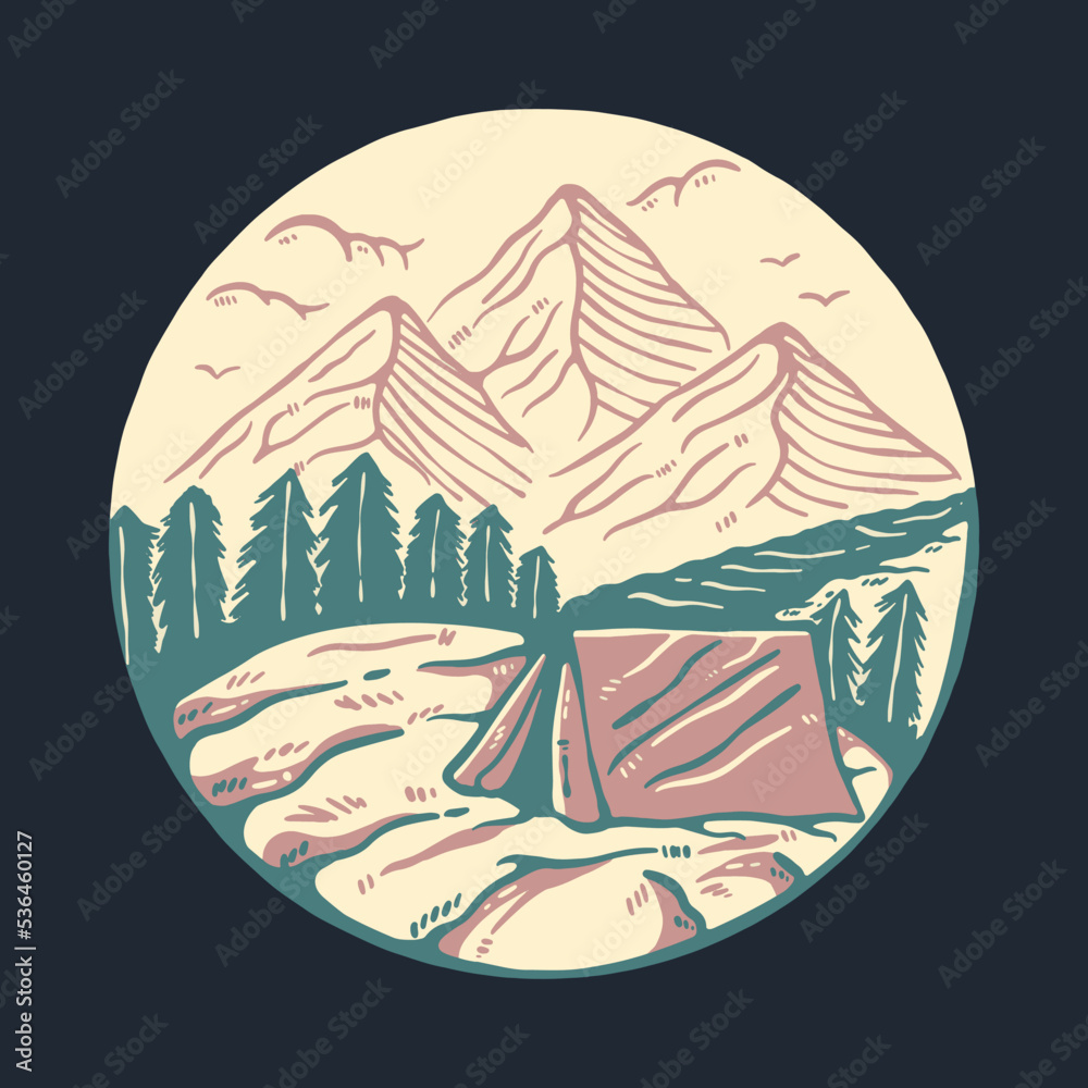 Camping with view of mountains graphic illustration vector art t-shirt design Camping with view of mountains graphic illustration vector art t-shirt design
