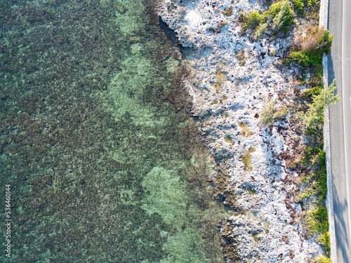 Aerial view of sea ocean rocky stony shore Caribbean Island tropical tropics