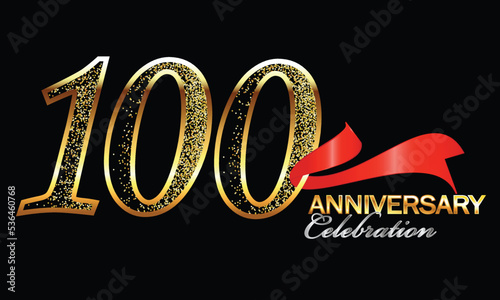 100 Year Anniversary celebration Vector Design with red ribbon and glitter. 100th Anniversary celebration. Gold Luxury Banner of 100th Anniversary. hundredth celebration card