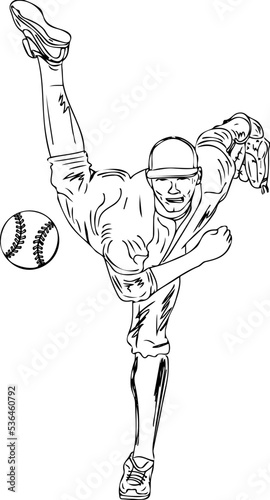 Vector illustration of baseball player throwing ball, sketch drawing of Drawing baseball player pitcher outfield, cartoon doodle silhouette of baseball throw