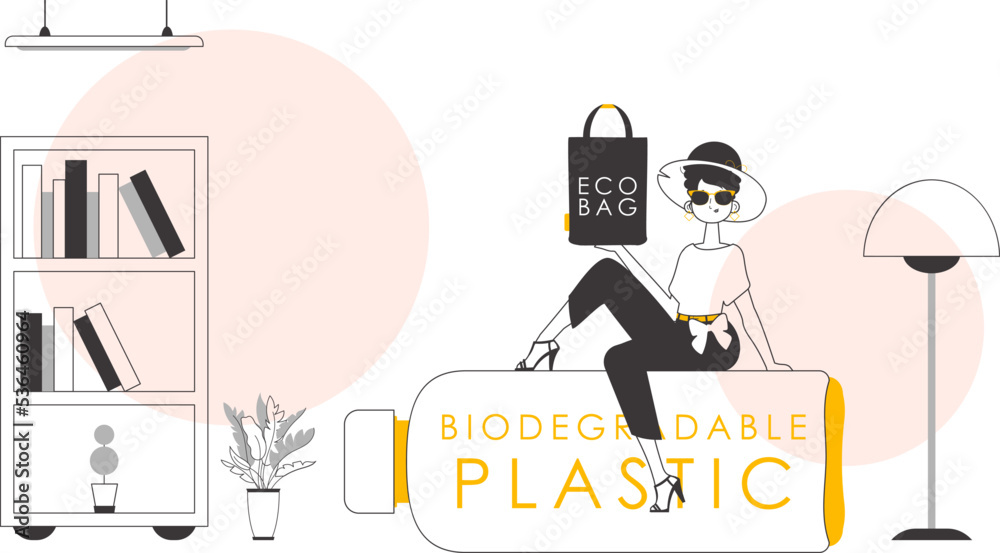 The concept of ecological bags and plastic. A woman holds an eco-package in her hands. Linear style.