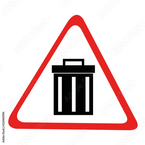 Vector transit sign illustration of an icon of a garbage can on a triangular base of white and red color