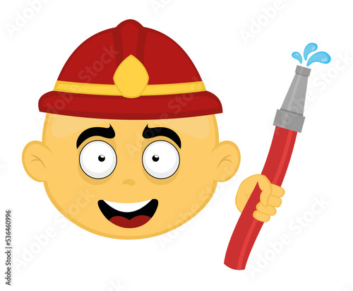 Vector emoji illustration of a yellow cartoon firefighter with a hose with water drops in his hand
