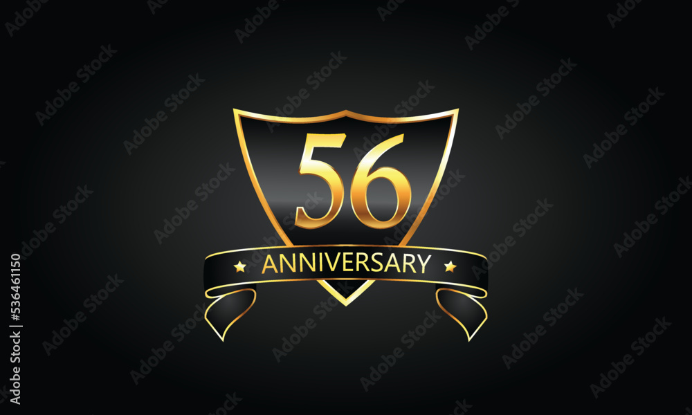 56 year anniversary logo with golden shield and ribbon. Dark concept anniversary. 56th Anniversary celebration background. fifty-sixth anniversary banner vector 56 year anniversary logo with golden shield and ribbon. Dark concept anniversary. 56th Anniversary celebration background. fifty-sixth anniversary banner vector