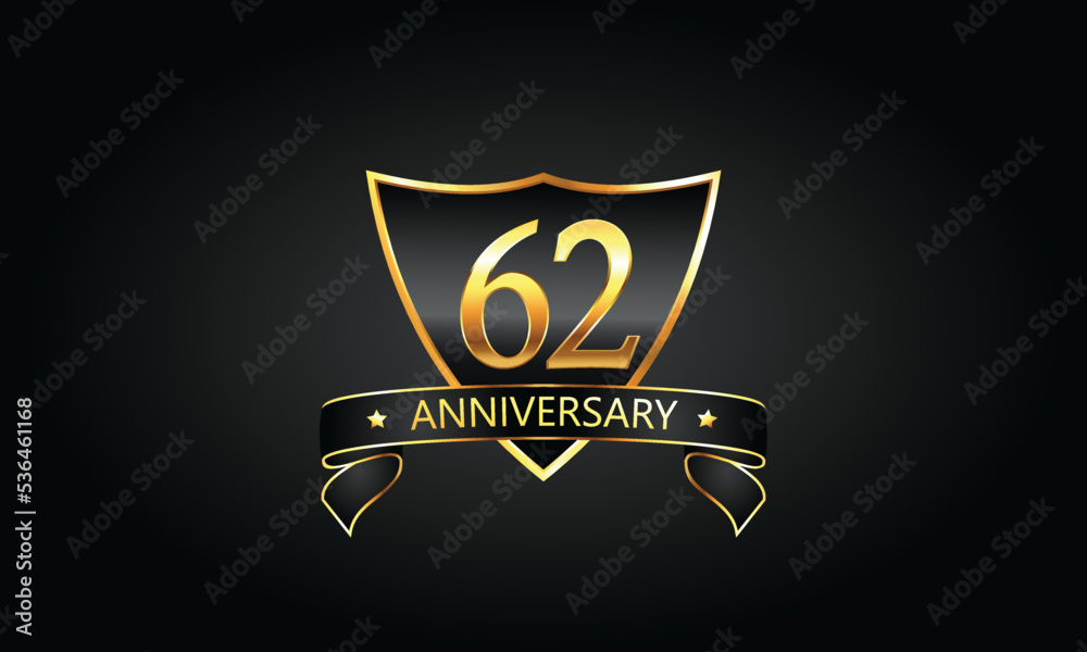 62 year anniversary logo with golden shield and ribbon. Dark concept anniversary. 62nd Anniversary celebration background. sixty-second anniversary banner vector 62 year anniversary logo with golden shield and ribbon. Dark concept anniversary. 62nd Anniversary celebration background. sixty-second anniversary banner vector