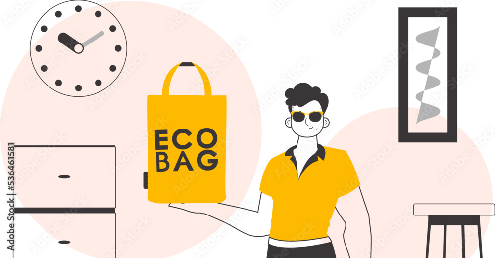 The concept of ecological bags and plastic. A man holds an eco-package in his hands. Lineart style. The concept of ecological bags and plastic. A man holds an eco-package in his hands. Lineart style.