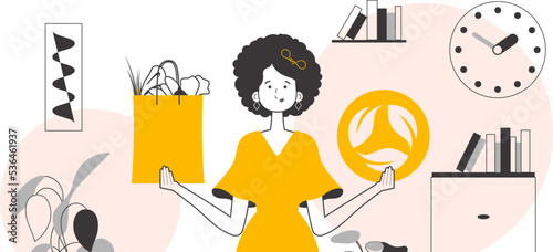 The concept of reasonable consumption. Woman, package with products and eco logo. Lineart trendy style.