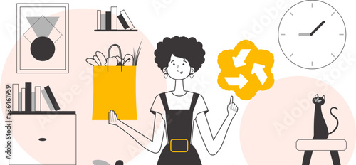The concept of reasonable consumption. Girl, package with products and eco logo. Linear style.