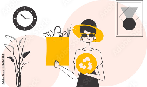 The concept of reasonable consumption. Girl, package with products and eco logo. Linear trendy style.