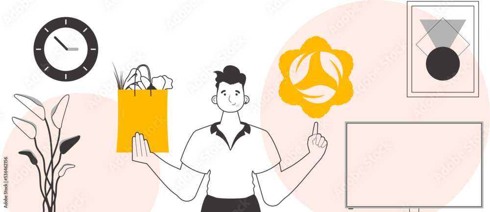 Naklejka premium The concept of reasonable consumption. Guy, package with groceries and eco logo. Lineart style.