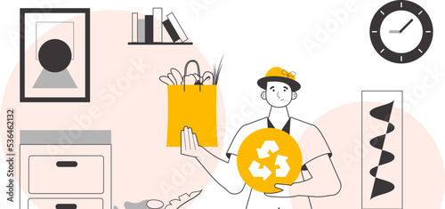 The concept of reasonable consumption. Guy, package with groceries and eco logo. Linear trendy style.