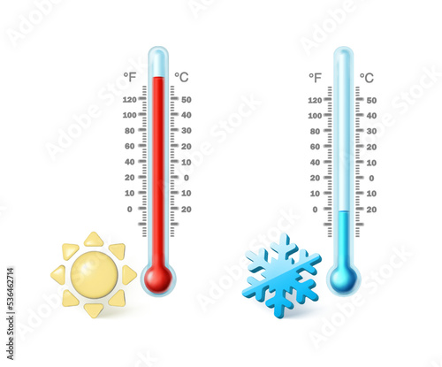Cartoon style realistic vector icon. Hot and cold thermometer with sun and snowflake icon, cartoon style. isolated on white background.