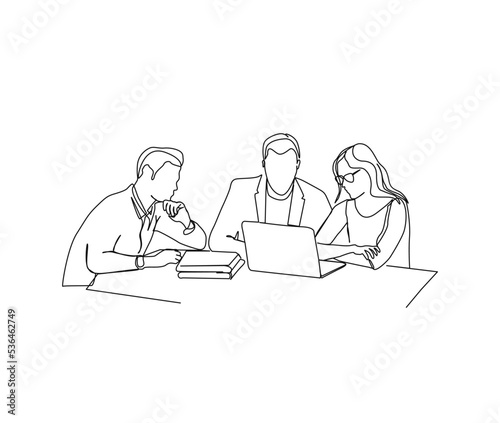 Continuous line art drawing of business man and business woman discussion at the table. Business people single line art drawing vector illustration.