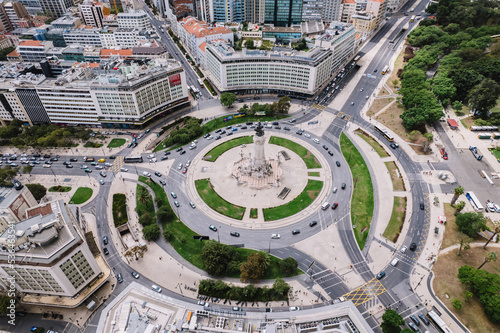 Aerial view of Marquis of Pombal Square (Praca do Marques de Pombal), Lisbon, Portugal. © Brastock Images